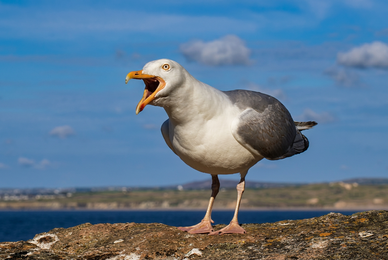 A herring gull calling out on the Cornish coast